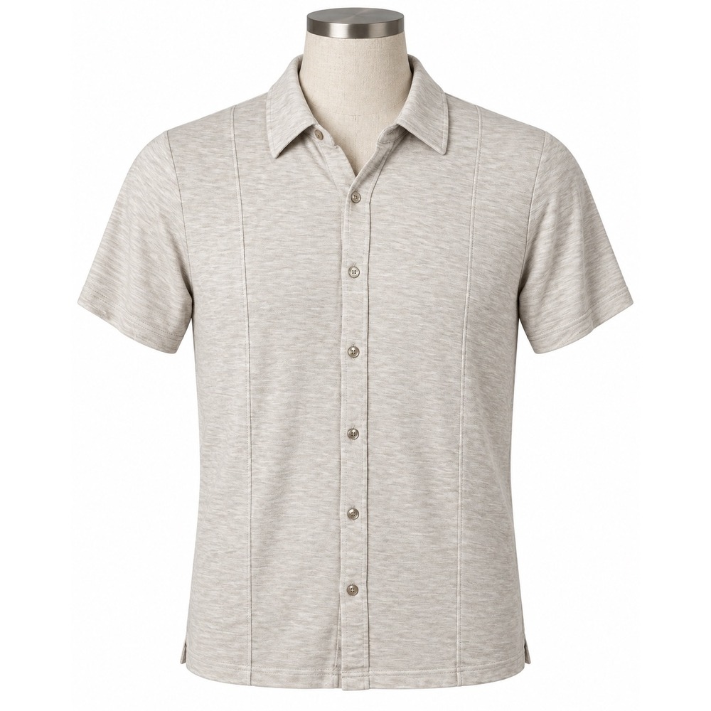 Perry Ellis Luxe Pique Shirt Large Oatmeal Beige Short Sleeve Casual Minimalist